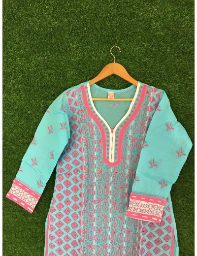 Chhangamal Hand Embroidered Blue Colour Cotton Chikankari Kurti