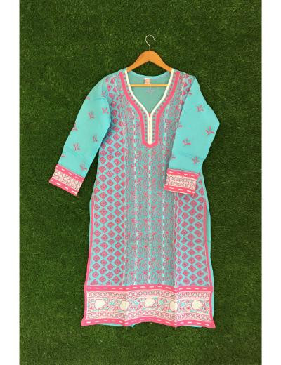 Chhangamal Hand Embroidered Blue Colour Cotton Chikankari Kurti