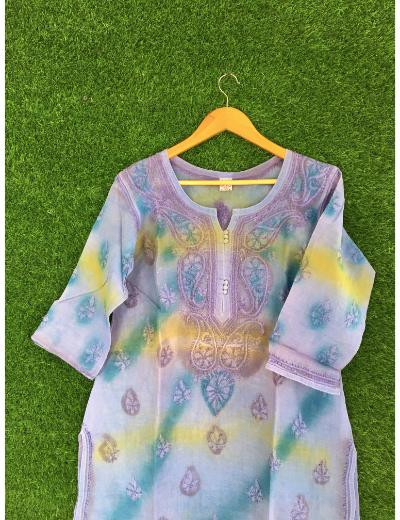 Chhangamal Hand Embroidered Blue Colour Cotton Chikankari Kurti