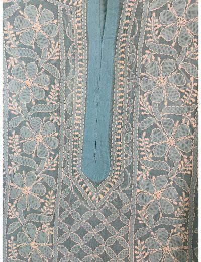 Chhangamal Hand Embroidered Blue Colour Cotton Chikankari Kurti Piece