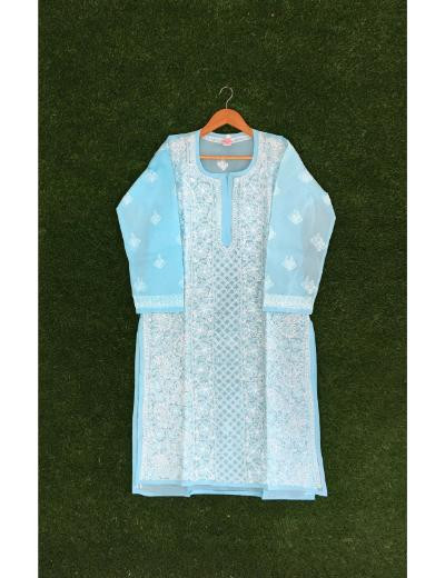 Chhangamal Hand Embroidered Blue Colour Cotton Chikankari Kurti Piece