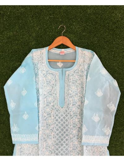 Chhangamal Hand Embroidered Blue Colour Cotton Chikankari Kurti Piece