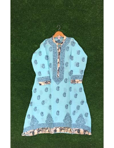 Chhangamal Hand Embroidered Blue Colour Cotton Chikankari Kurti Piece