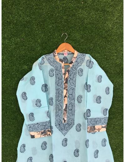 Chhangamal Hand Embroidered Blue Colour Cotton Chikankari Kurti Piece
