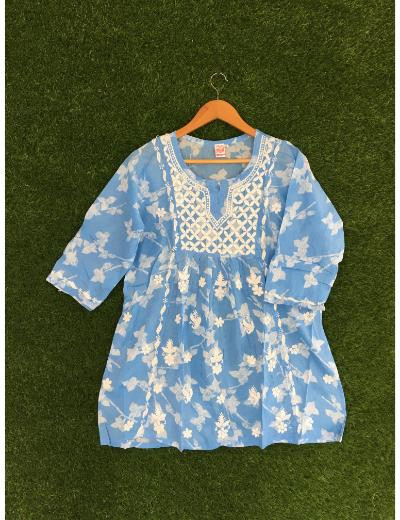 Chhangamal Hand Embroidered Blue Colour Cotton Chikankari Top