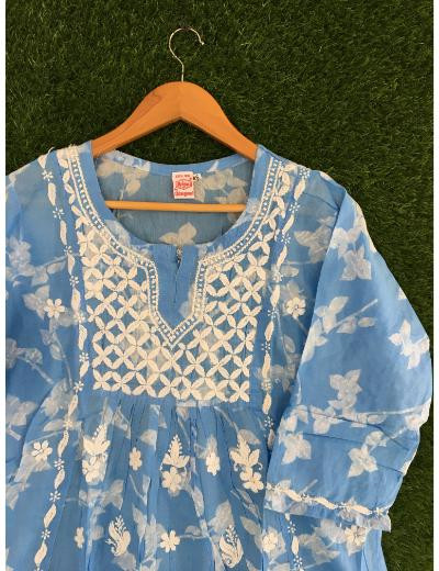 Chhangamal Hand Embroidered Blue Colour Cotton Chikankari Top