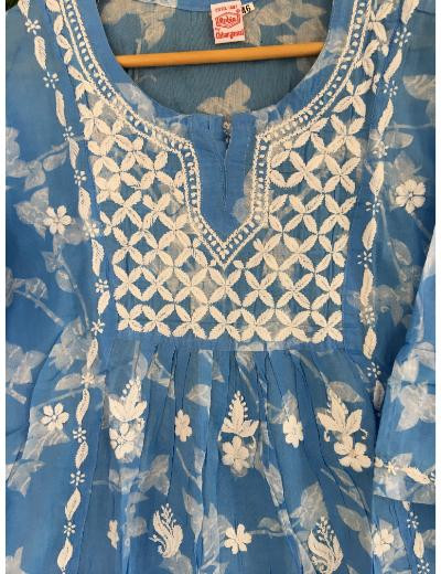 Chhangamal Hand Embroidered Blue Colour Cotton Chikankari Top