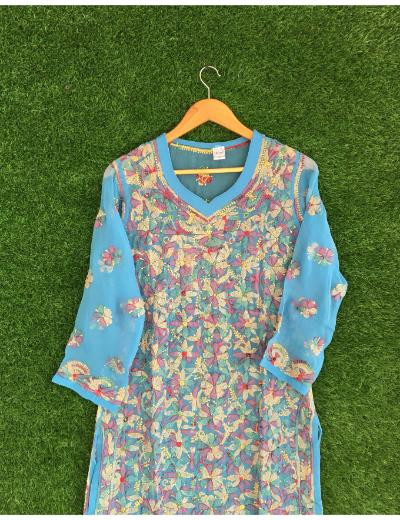 Chhangamal Hand Embroidered Blue Colour Georgette Chikankari Kurti Piece