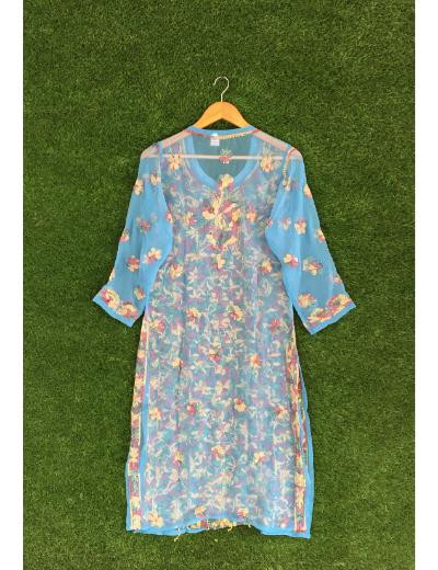 Chhangamal Hand Embroidered Blue Colour Georgette Chikankari Kurti Piece