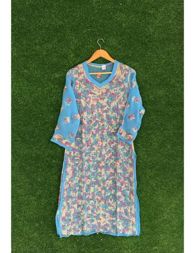 Chhangamal Hand Embroidered Blue Colour Georgette Chikankari Kurti Piece