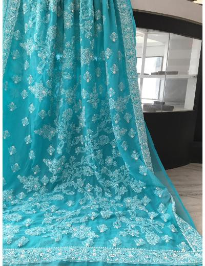 Chhangamal Hand Embroidered Blue Colour Georgette Chikankari Saree