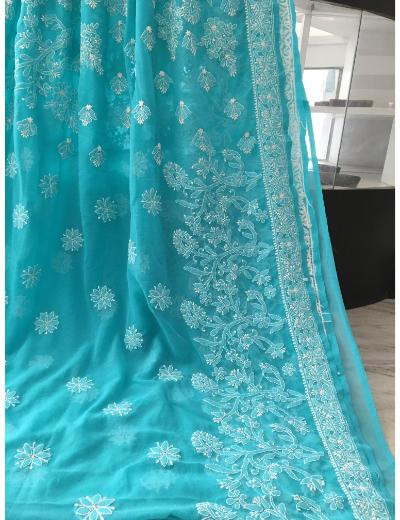 Chhangamal Hand Embroidered Blue Colour Georgette Chikankari Saree