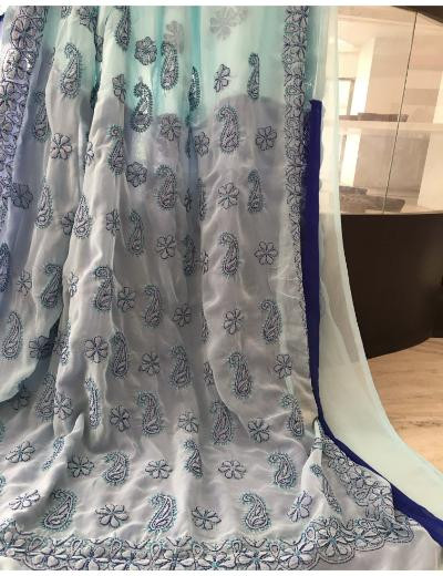 Chhangamal Hand Embroidered Blue Colour Georgette Chikankari Saree