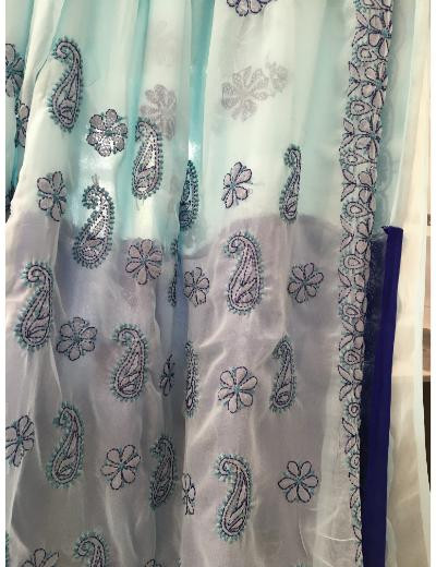 Chhangamal Hand Embroidered Blue Colour Georgette Chikankari Saree