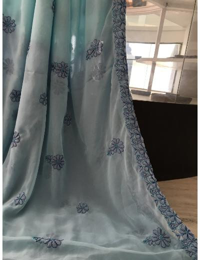 Chhangamal Hand Embroidered Blue Colour Georgette Chikankari Saree