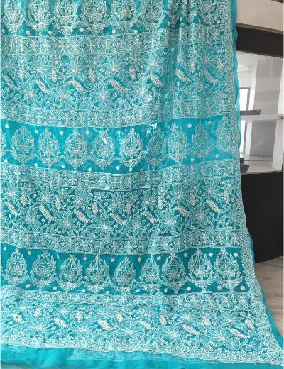 Chhangamal Hand Embroidered Blue Colour Georgette Chikankari Saree