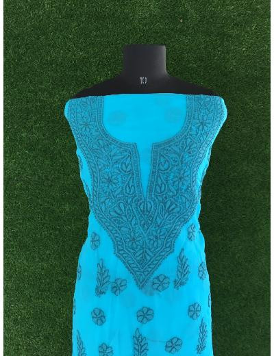 Chhangamal Hand Embroidered Blue Colour Georgette Chikankari Suit Piece