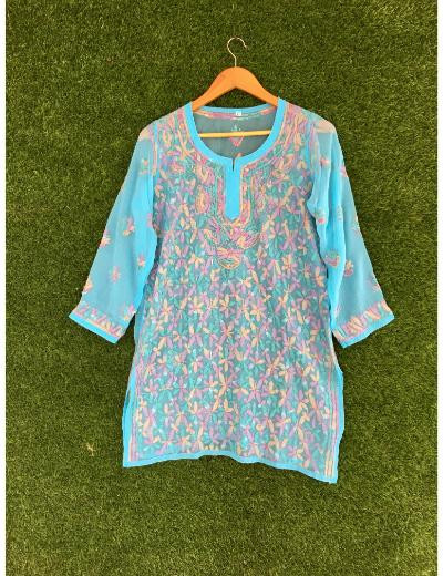 Chhangamal Hand Embroidered Blue Colour Georgette Chikankari Top