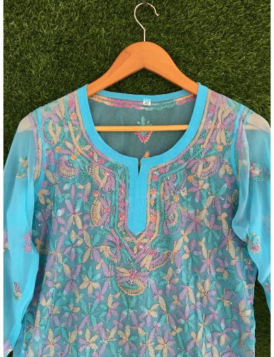 Chhangamal Hand Embroidered Blue Colour Georgette Chikankari Top
