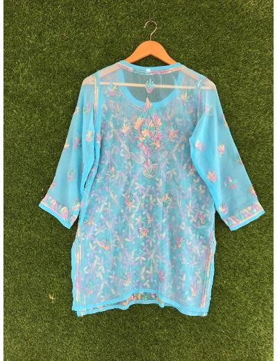 Chhangamal Hand Embroidered Blue Colour Georgette Chikankari Top