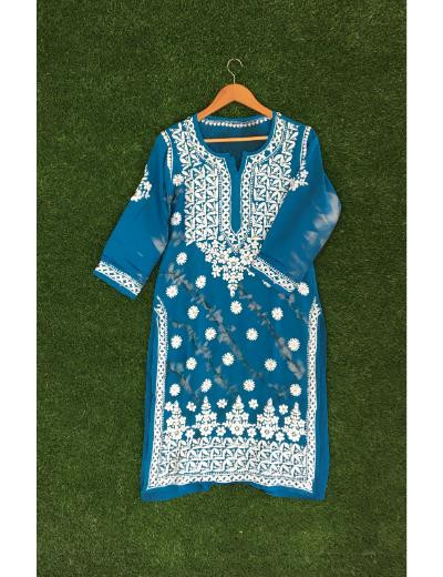 Chhangamal Hand Embroidered Blue Colour Modal Chikankari Kurti