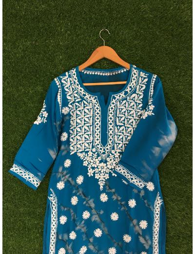 Chhangamal Hand Embroidered Blue Colour Modal Chikankari Kurti