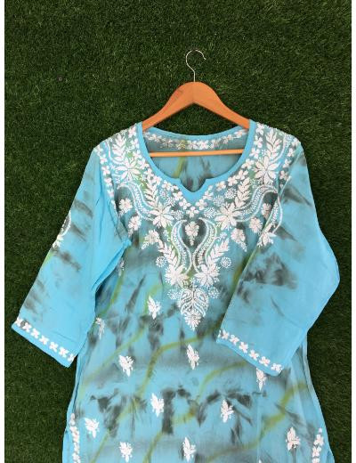 Chhangamal Hand Embroidered Blue Colour Modal Chikankari Kurti