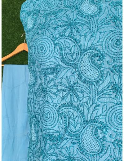 Chhangamal Hand Embroidered Blue Colour Silk Chikankari Suit Piece