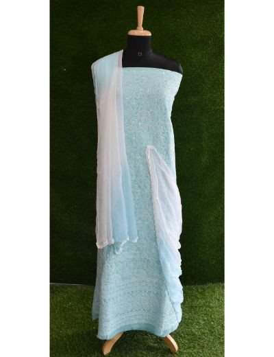 Chhangamal Hand Embroidered Blue Colour Unstitched Cotten Chikankari Suit Length