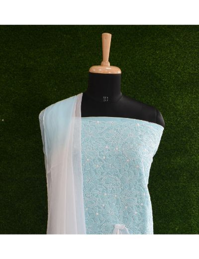 Chhangamal Hand Embroidered Blue Colour Unstitched Cotten Chikankari Suit Length
