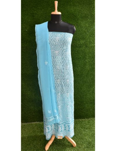 Chhangamal Hand Embroidered Blue Colour Unstitched Faux Georgette Chikankari Suit Length