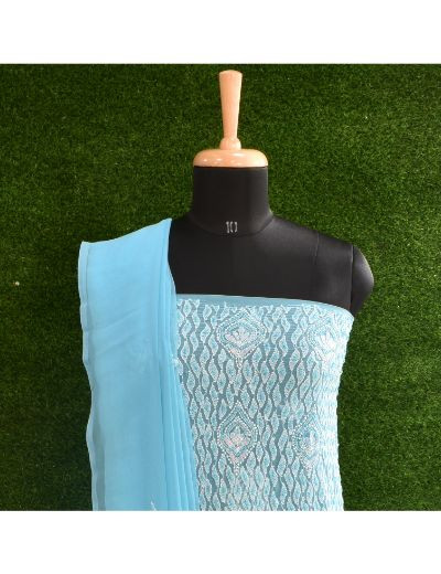 Chhangamal Hand Embroidered Blue Colour Unstitched Faux Georgette Chikankari Suit Length