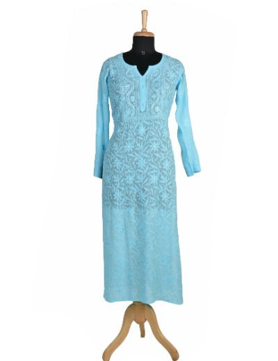 Chhangamal Hand Embroidered Blue Colour Viscous Georgette Chikankari Kurti