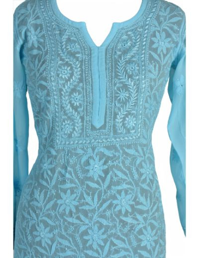 Chhangamal Hand Embroidered Blue Colour Viscous Georgette Chikankari Kurti