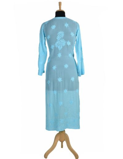 Chhangamal Hand Embroidered Blue Colour Viscous Georgette Chikankari Kurti