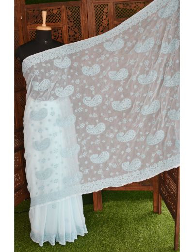 Chhangamal Hand Embroidered Blue Georgette Half Jaal Chikankari Saree