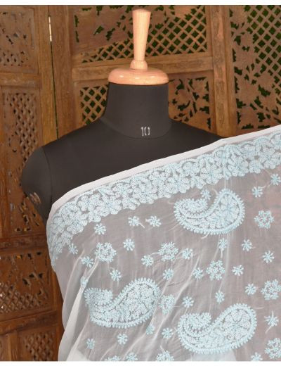 Chhangamal Hand Embroidered Blue Georgette Half Jaal Chikankari Saree