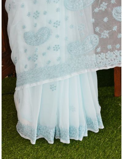 Chhangamal Hand Embroidered Blue Georgette Half Jaal Chikankari Saree