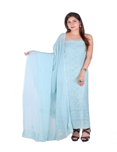 Chhangamal Hand Embroidered Blue Pure Georgette Suit Length