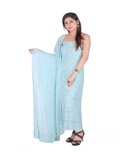 Chhangamal Hand Embroidered Blue Pure Georgette Suit Length