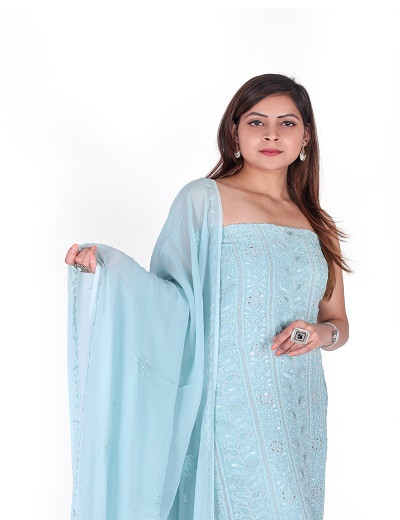 Chhangamal Hand Embroidered Blue Pure Georgette Suit Length