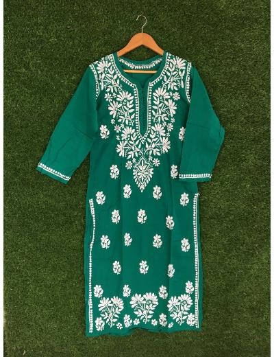 Chhangamal Hand Embroidered Bottle Green Colour Cotton Chikankari Kurti