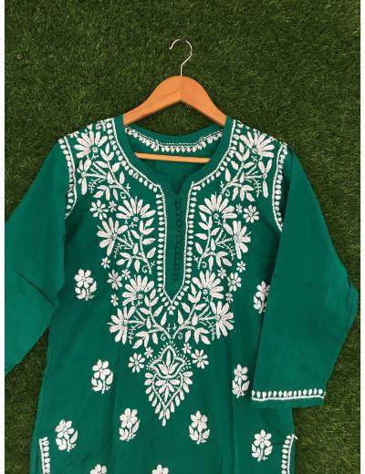 Chhangamal Hand Embroidered Bottle Green Colour Cotton Chikankari Kurti