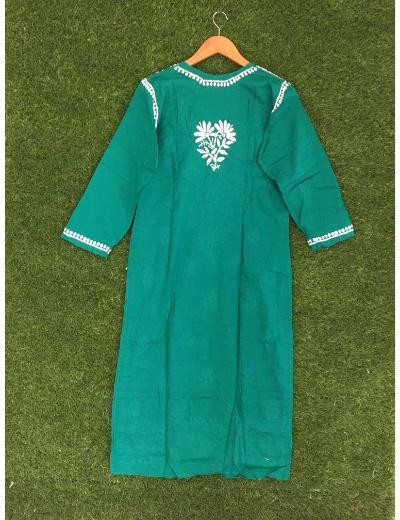 Chhangamal Hand Embroidered Bottle Green Colour Cotton Chikankari Kurti