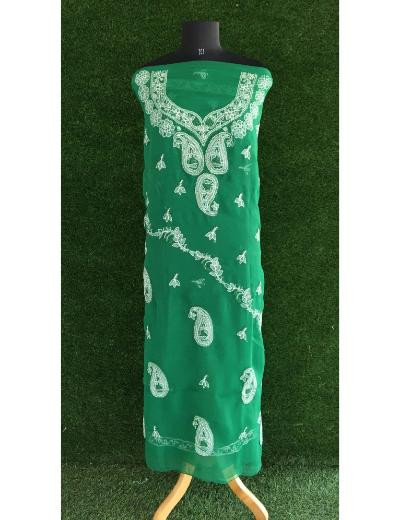 Chhangamal Hand Embroidered Bottle Green Colour Georgette Chikankari Suit Piece