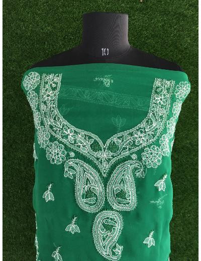 Chhangamal Hand Embroidered Bottle Green Colour Georgette Chikankari Suit Piece