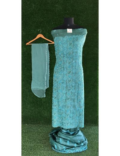 Chhangamal Hand Embroidered Bottle Green Colour Silk Chikankari Suit Length