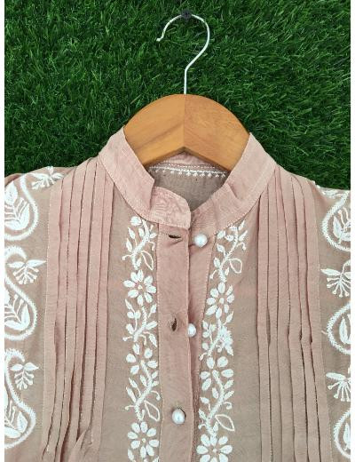 Chhangamal Hand Embroidered Brown Colour Chanderi Chikankari Top