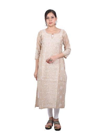 Chhangamal Hand Embroidered Brown Colour Chanderi Cotton Chikankari Kurti