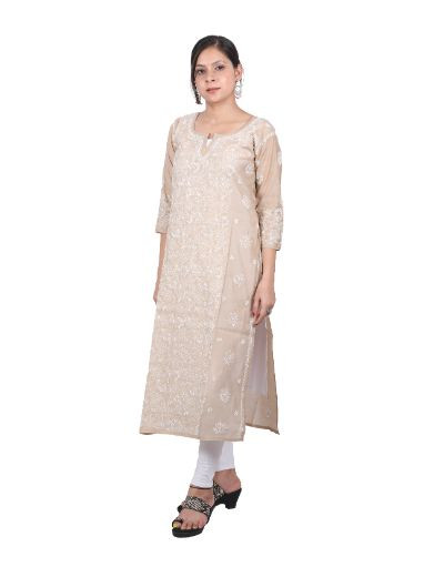 Chhangamal Hand Embroidered Brown Colour Chanderi Cotton Chikankari Kurti
